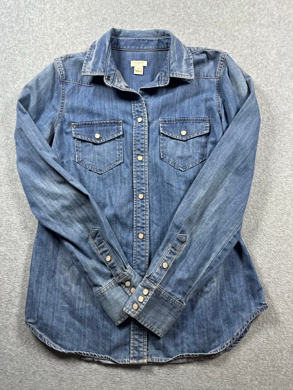 J.Crew Western Snap Button Up Shirt Women's Size XS Blue Denim Long Sleeve